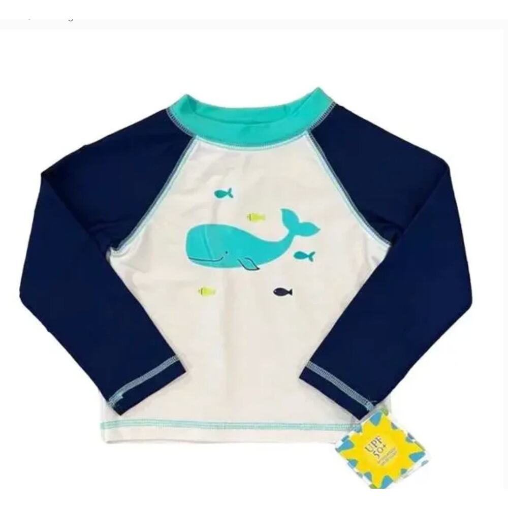 NWT Little Me White & Navy W/Turquoise Whale Graphic Swim/Rashguard